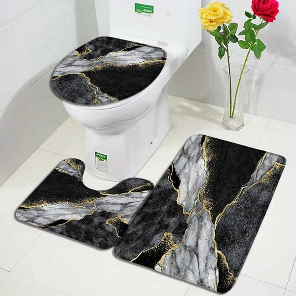 Black marble bathroom mat set gold lines cracked texture modern home carpet bathroom decoration non slip carpet toilet seat cover M240829