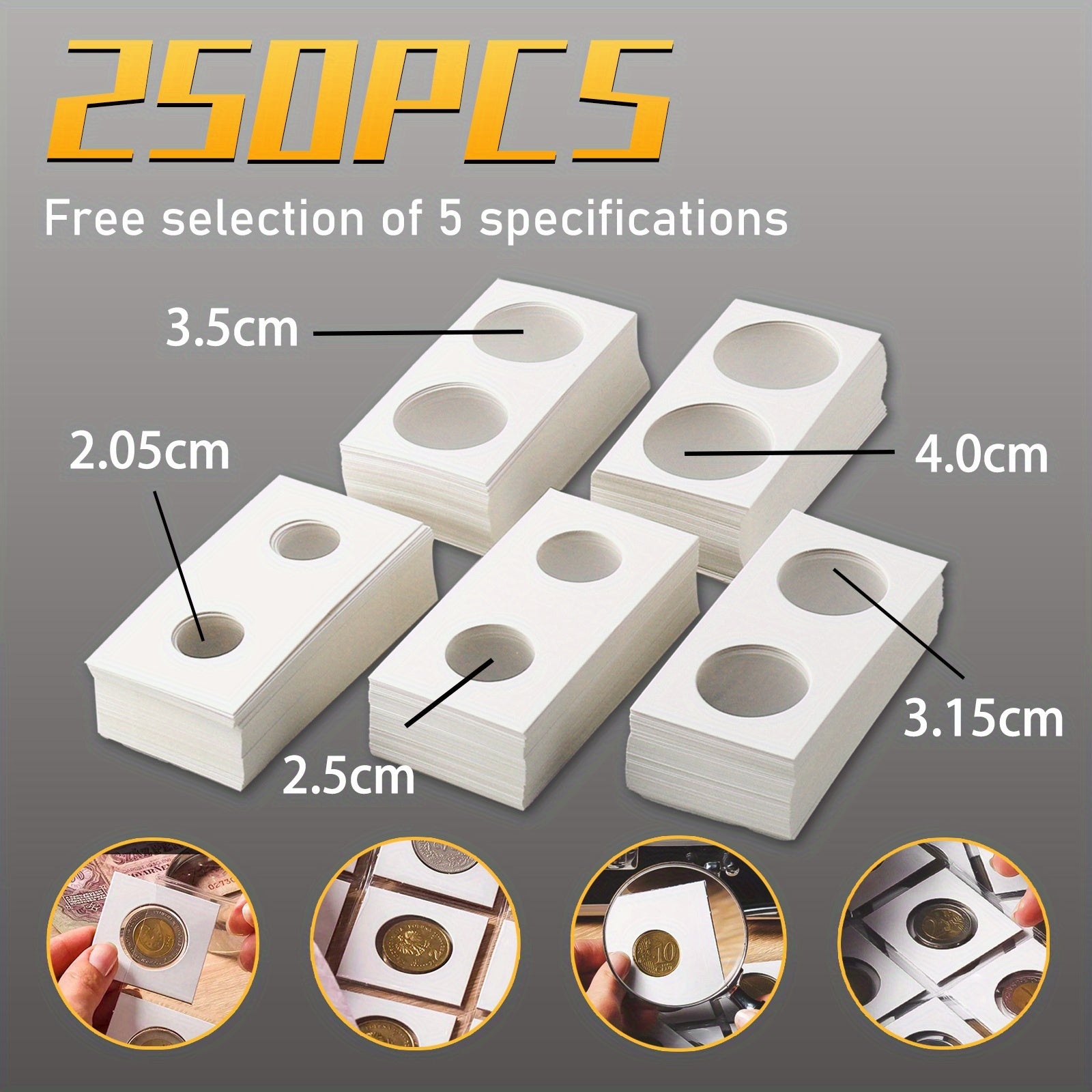 TEMU 250pcs Cardboard Coin Holders, 5 Sizes Of 50pcs Each, Inches, Cardboard Coin Change Holders Suitable For Coin Collection And Storage