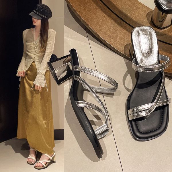 Summer 2024 Fashion Women Pumps Slippers Ladies Square Toe Female Slides Sandals High Heels Shoes ato Mujer e4ea