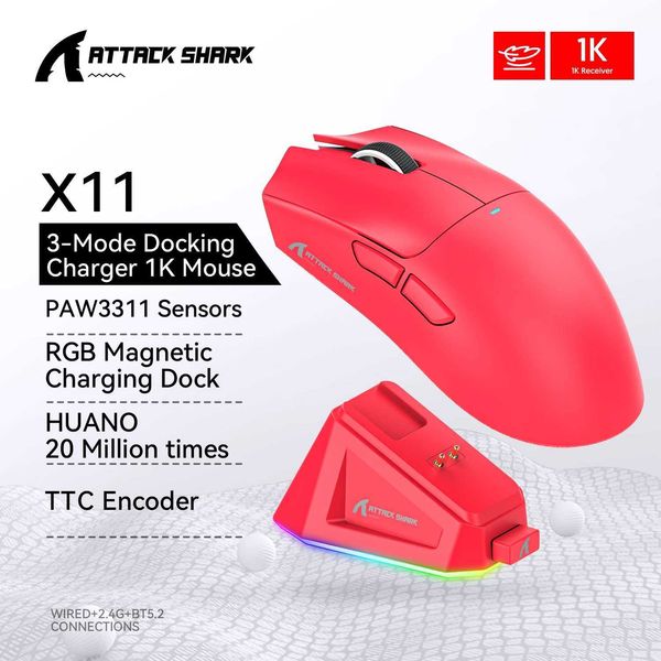 Attack Shark X11 Wireless MouseBluetooth-2.4G-wired Tri-Mode Mouse PAW3311 RGB Magnetic charging dock Gaming Mouse Y240820