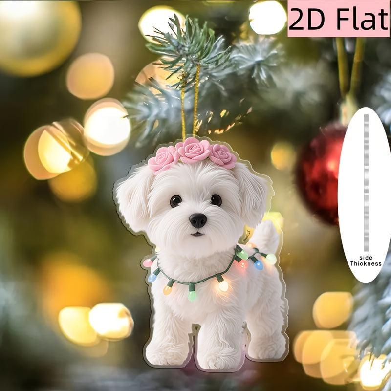 TEMU 2d Flat, 1pc Cute Christmas Ornament With Twinkling Lights & Pink Flower Garland - Acrylic Flat Hanging Decoration For Tree, Backpack, Holiday