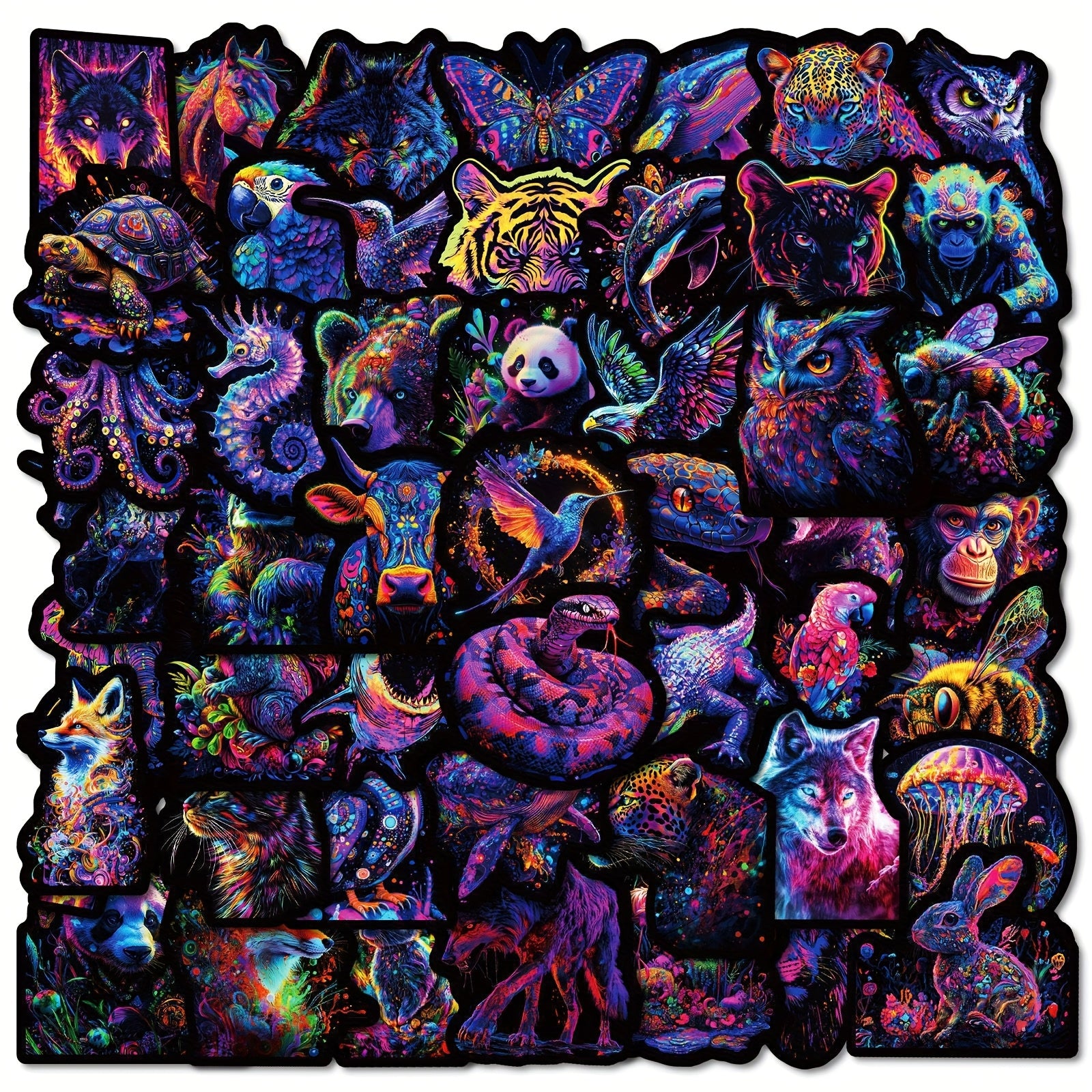 TEMU 50pcs Vibrant Neon Animal & Gorilla Stickers - Reusable, Self-adhesive Polypropylene Decals With Sparkle Finish For Laptops, Skateboards,