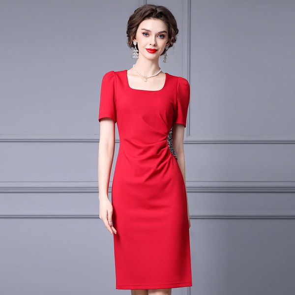 Luxury Temperament Red Dress Xia Heavy Industry Nail Drill Bubble Sleeves Square Collar Hip Hugging Mid Skirt 2024 New Style Lace Dress High