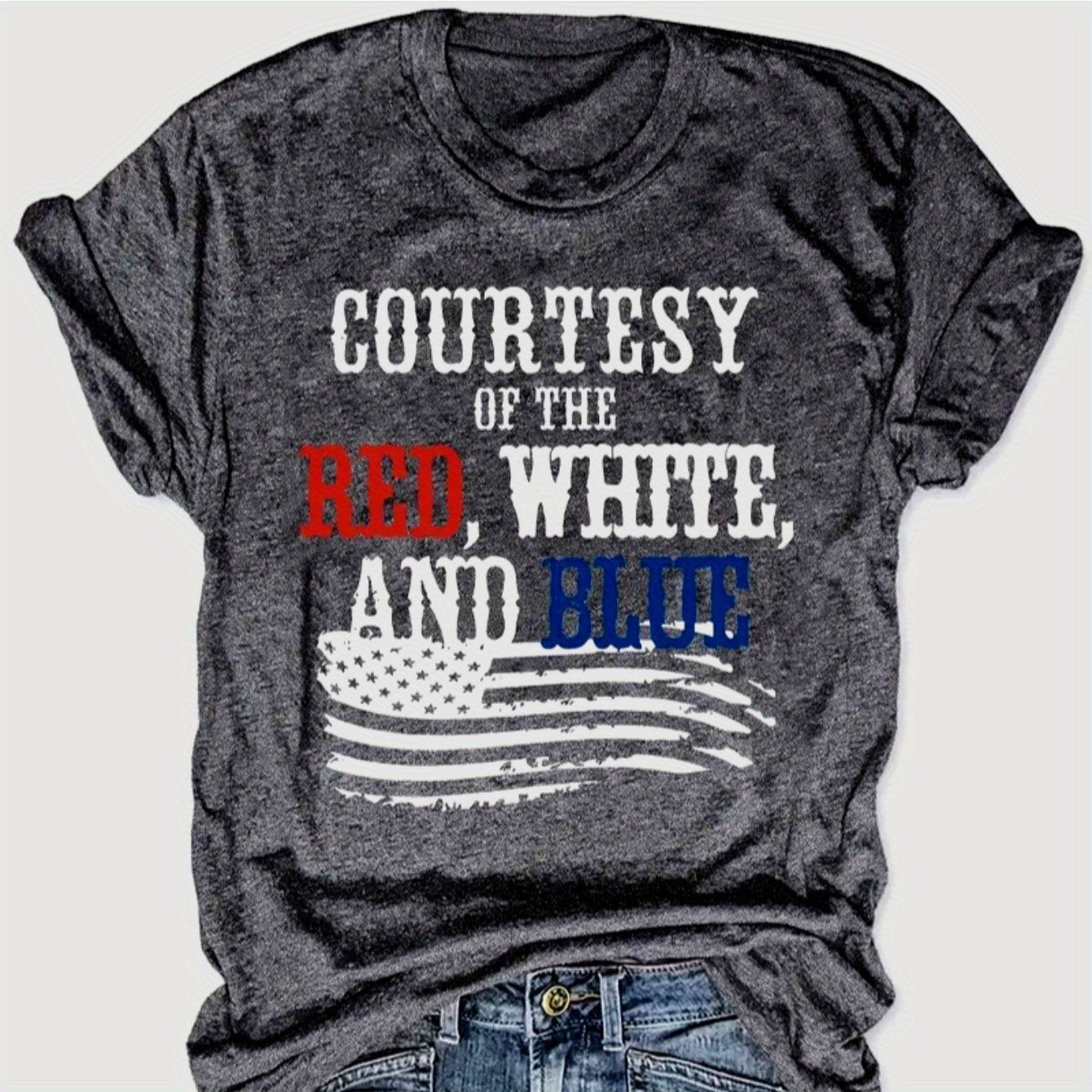 TEMU Women's Patriotic Graphic T-shirt - " The Red, White, And Blue" Design With American Flag & Stars - Casual Crew Neck Short Sleeve Top -