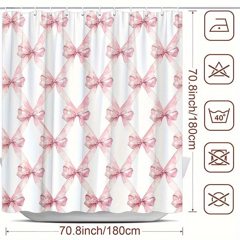 TEMU 1pc Cartoon Bow Shower Curtain, Cute Modern Polyester Fabric, Valentine's Day Holiday Decor With Hooks, Washable Bathtub Partition For Home