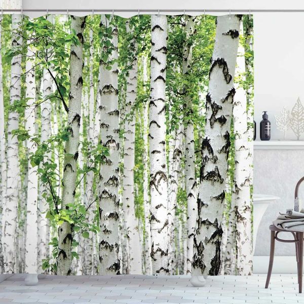 Woodland Shower Curtains Birch Trees in The Forest Summertime Wildlife Nature Outdoors Themed Picture Fabric Bathroom Decor Set M240824