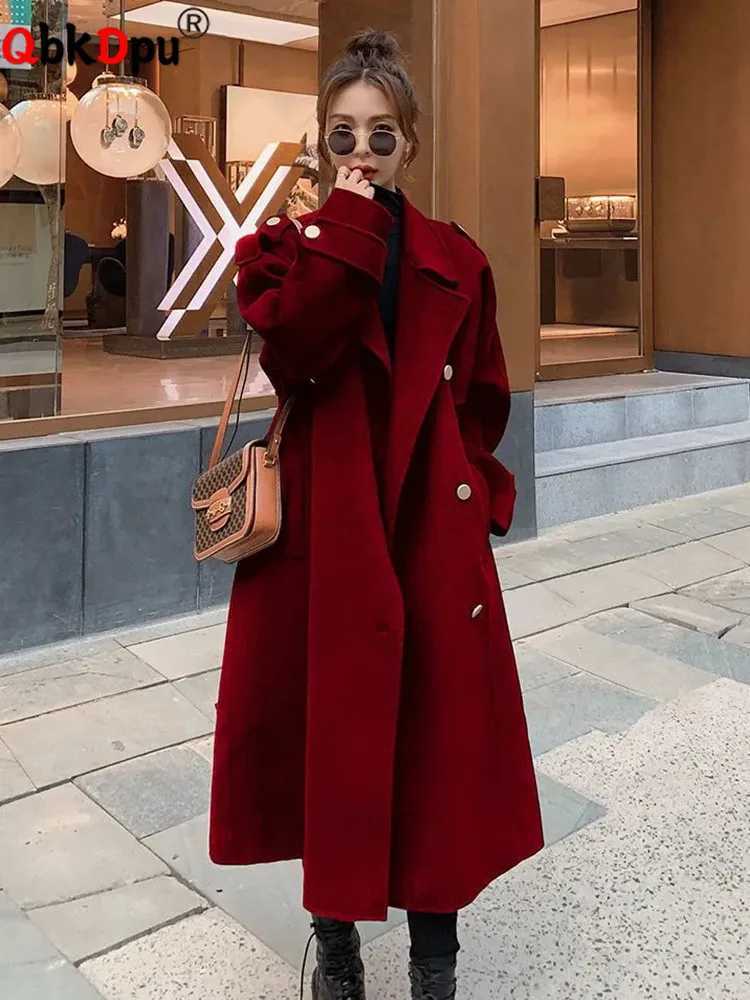Streetwear Winter Length Woolen Coat Loose Warm Double Breasted Solid Oveercoat Thick Korean Wool Blend New Women OuterwearX241009
