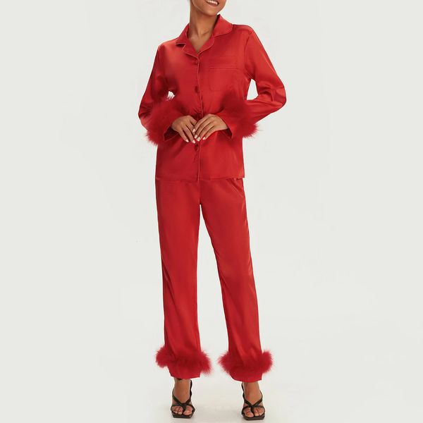 Women Christmas Feather Trim Pajama Sets Santa ClausPlaid Long Sleeve Button Shirts Pants Loungewear Soft Sleepwear 241022