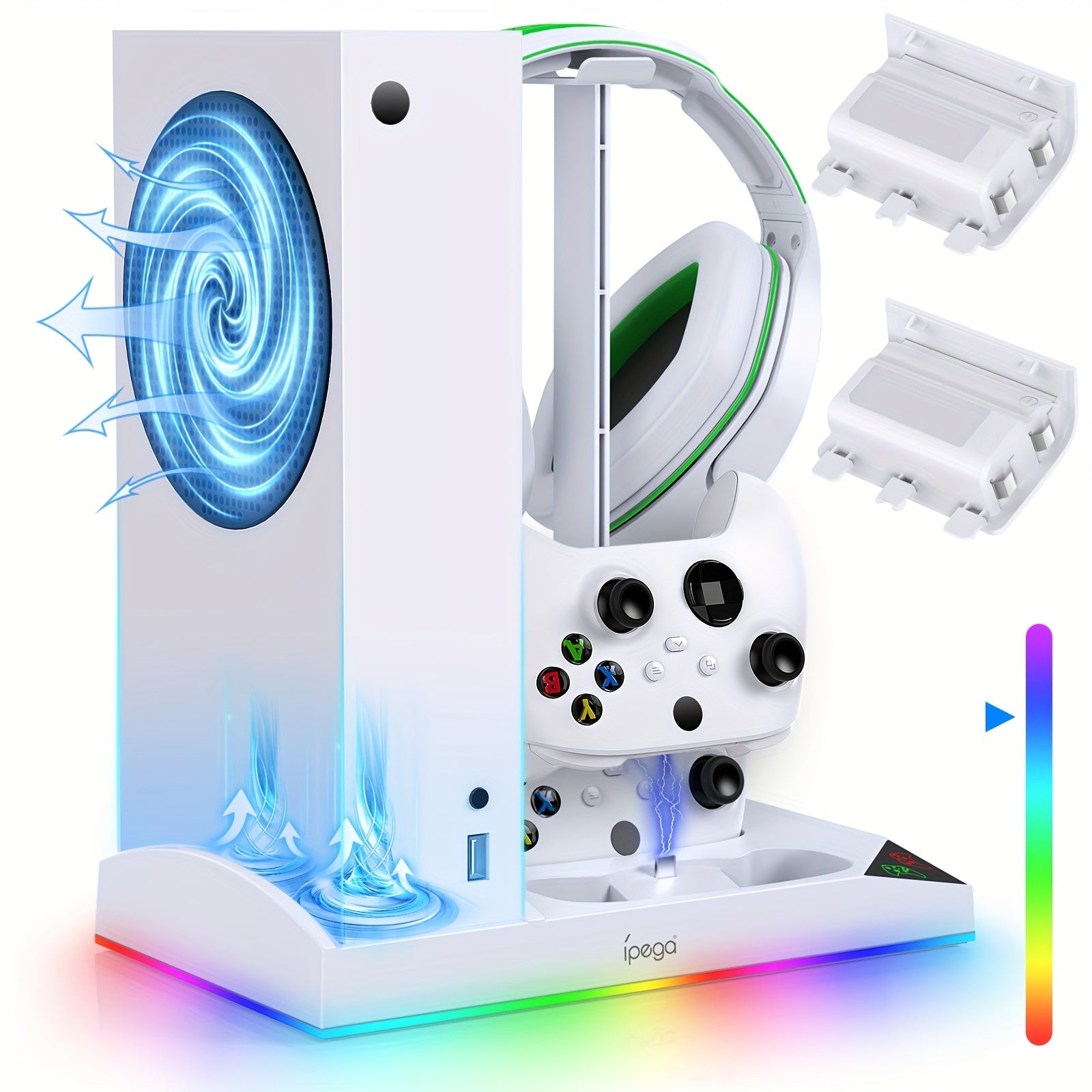 TEMU Series Station With Cooling Fan, 2x1400mah Battery For Controllers, 15 Led Lighting , Headphone Hook, Usb-c Cable, And Accessory Storage – White