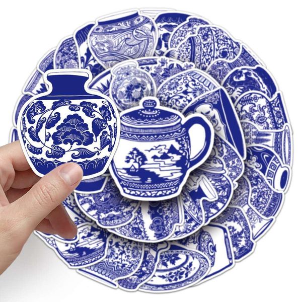 50Pcs Retro Design Chinese Style Blue and White Porcelain Stickers DIY Skateboard Guitar Laptop Phone Self-Adhesive Decals Toys gift for sto