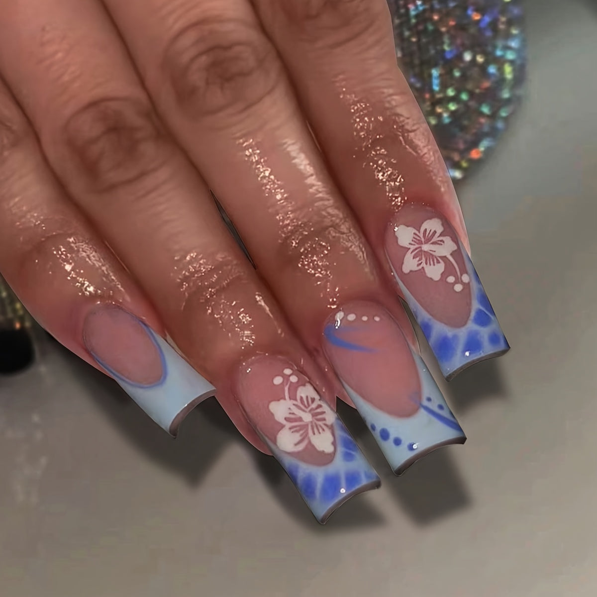 TEMU 48pcs -on Nails With Hand-painted & Irregular - Long Square Fake Nails, Glossy Finish, Full Coverage Medium Duckbill Shape For Daily & Holiday