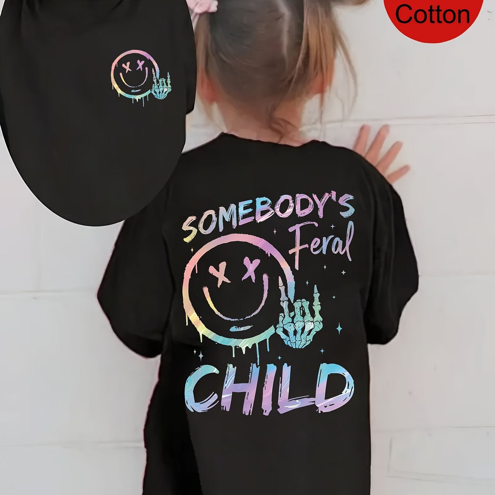 TEMU 's Feral Child Print 100% Cotton Short Sleeve T-shirt, Comfy Casual Tees For Girls Summer