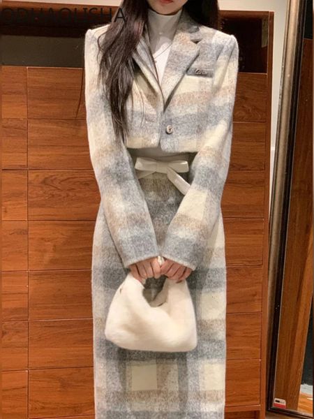 Two Piece Dress Sets for Women 2 Pieces Autumer Grey Plaid Woolen Lapel Collar Long Sleeve Half Skirt Set Elegant Sweet Temperament Casual S