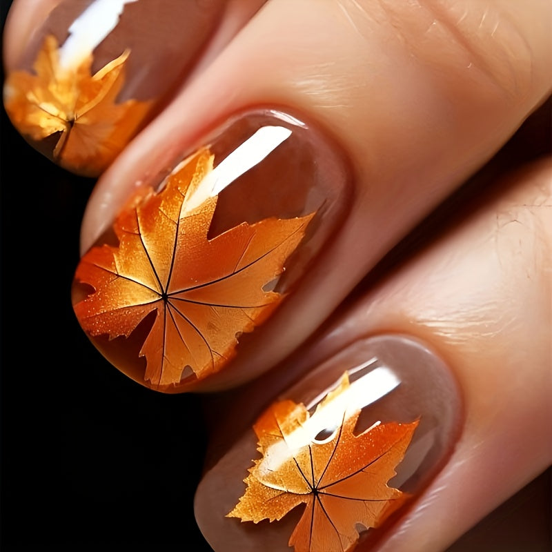 TEMU 24pcs Fall Press On Nails - Realistic Maple Leaf Design Glossy Brown & Fake Nails, Short Square Reusable & Removable Nail Tips For Women, For