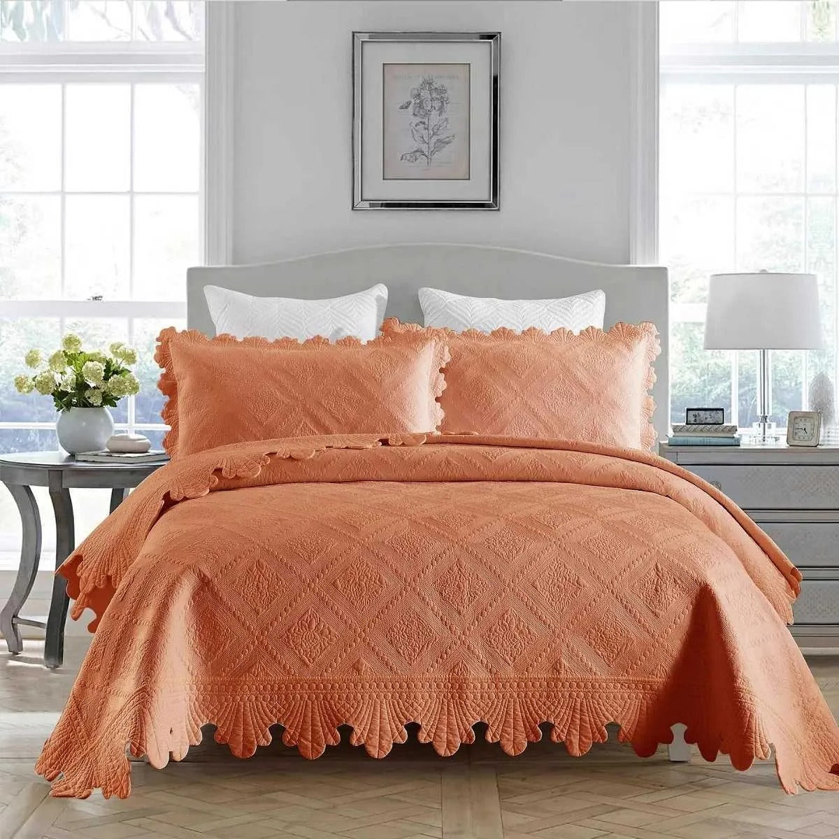 Solid Embroidered Bedspread Quilt Set 3pcs Quilted Bedding Cotton Quilts Bed Covers Pillowcase Blanket King Queen Size Coverlets 252033 CR