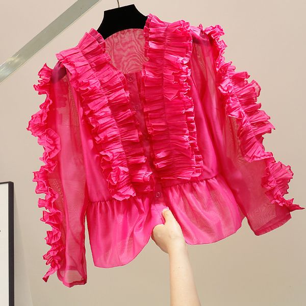 Women&#039;s Blouses Shirts Women Tops Elegant Ruffles Designer Single Breasted Blouses Long Sleeve Office Shirts Lady Chemise Femme Blusa F