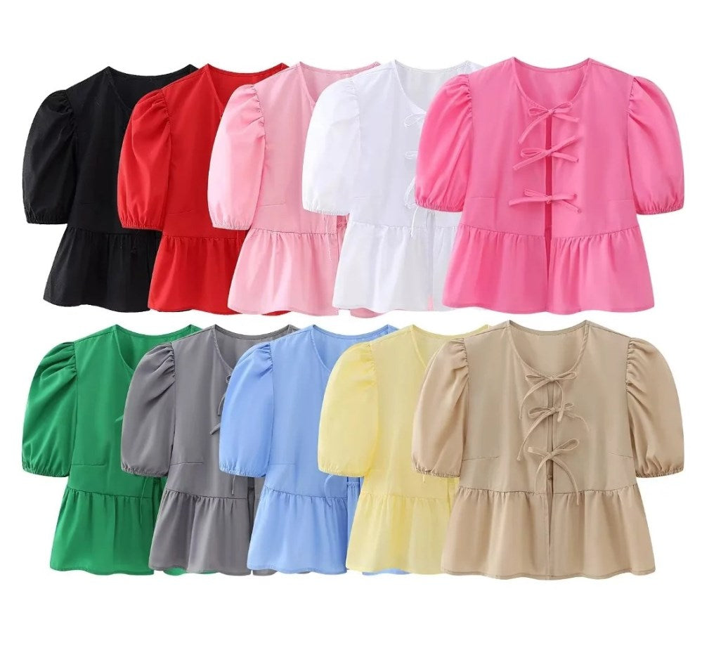 Women&#039;s Blouses Stylish Lace Up O-neck Shirt For 2024 Spring Summer Temperament Puff Sleeve Slim Shirts Female Elegant Commuter Clothes