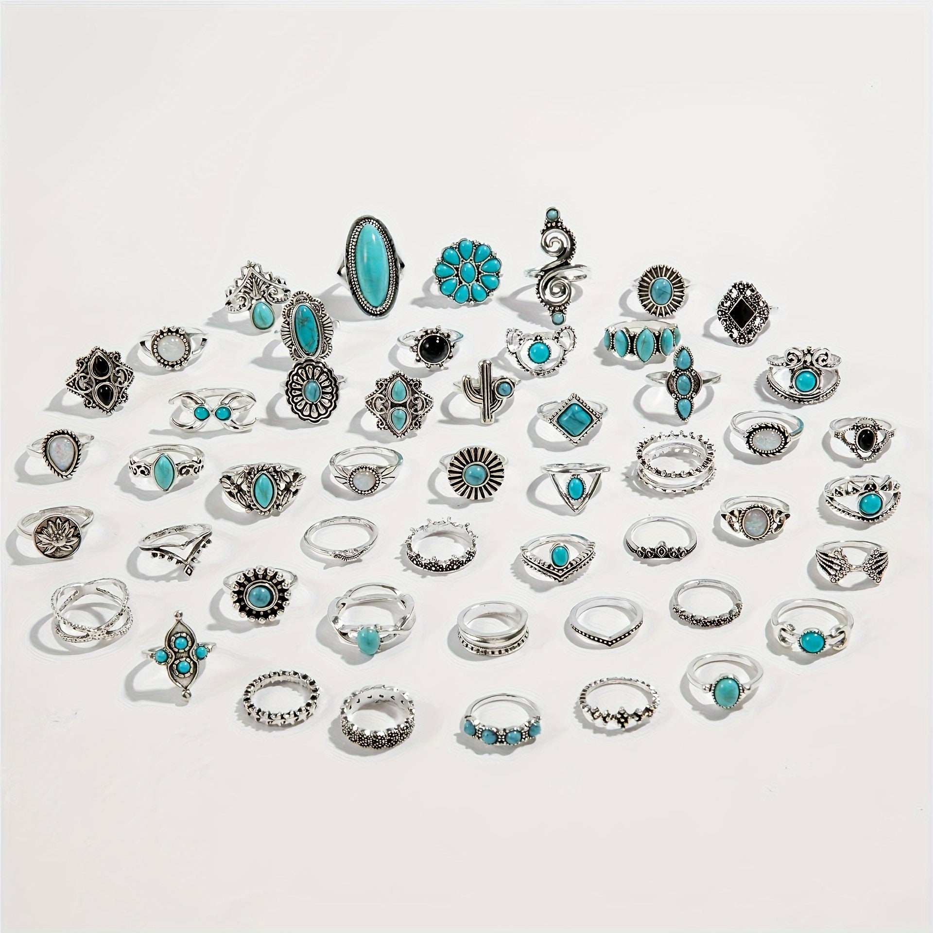 TEMU 50pcs Women's Ring Set Turquoise Inlaid Jewelry With Flowers Crowns And Geometric Casual Attire Party Fashion Accessories And Gifting