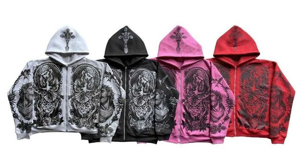 Moletons masculinos moletons y2k retro casual deus impresso com zíper com capuz sportswear moda gótica casal casual hip hop roupas de rua j2
