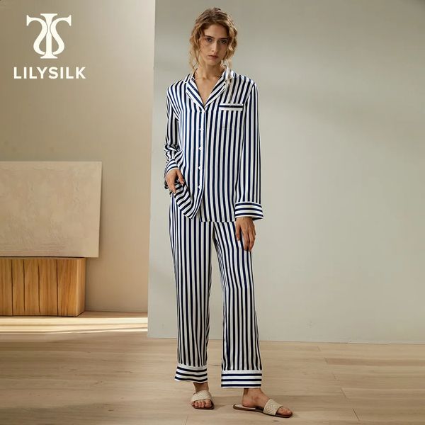 LILYSILK Silk Pajama Set for Women Classic Stripe 19 Momme Long Sleeve Sleepwear Lady ButtonUp Home Clothes 240802