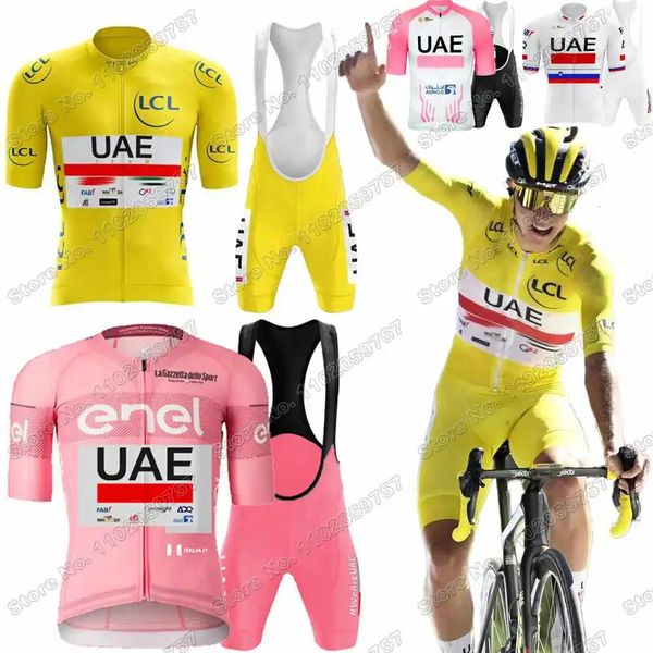UAE Team Cycg Jersey Set Tadej Pogacar TDF Clothing Yellow White Road bike Shirt Suit Bicycle Bib Shorts Maillot 240716