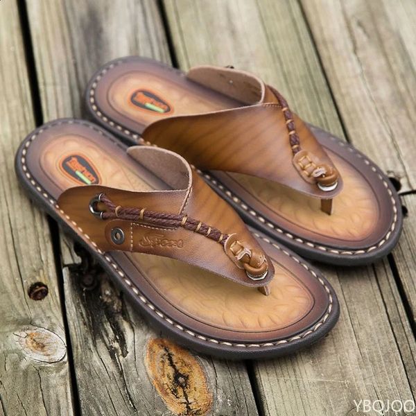 summer handmade leather slider fashionable mens flip cover outdoor breathable and comfortable mens simple sandals 240925