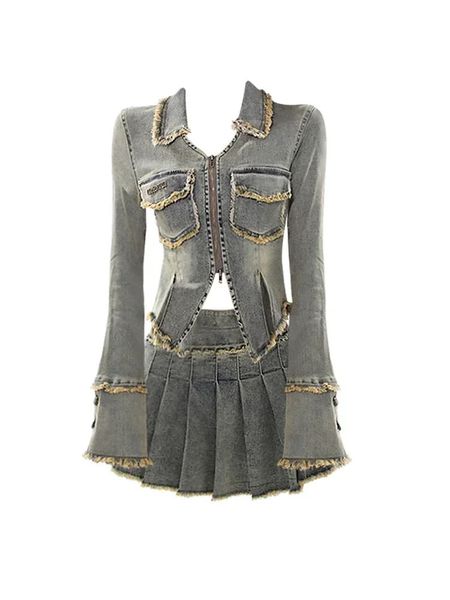 Autumn Korean Fashion Vintage Denim Rave Outfits 2 Piece Set Long Sleeve Jean Jacket Y2K Gyaru Mini Pleated Skirts 240325