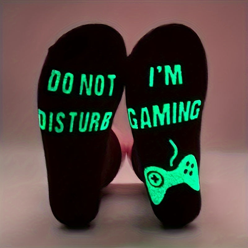 TEMU 1 Pair Black -the-dark Gaming Socks With Neon Green & "i'm Gaming, Do Not Disturb" Text - Glowing Controller Design For Boys,, Men - Pc-ps--