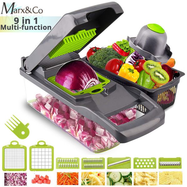 Fruit Vegetable Tools Multifunctional Vegetable Cutter Slicer Carrot Potato Grater Onion Chopper 9 in 1 with Drain Basket Kitchen Fruit Food