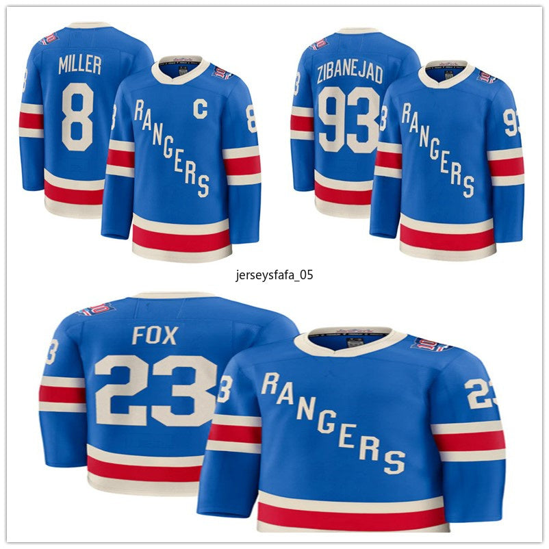 Ranger 23 Adam Fox 93 Mika Zibanejad 8 JT Miller Blue Centennial Stitched Hockey Jersey
