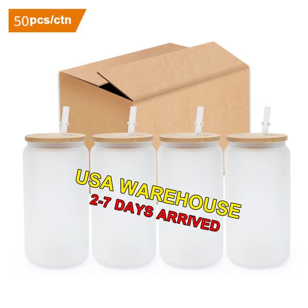 US Stock 16oz Glass Coffee Mug Sublimation Glass Tumblers with Bamboo Lid Soda Juice Tea Beer Mugs Wine Cola Water Drinking Cup CA Warehouse