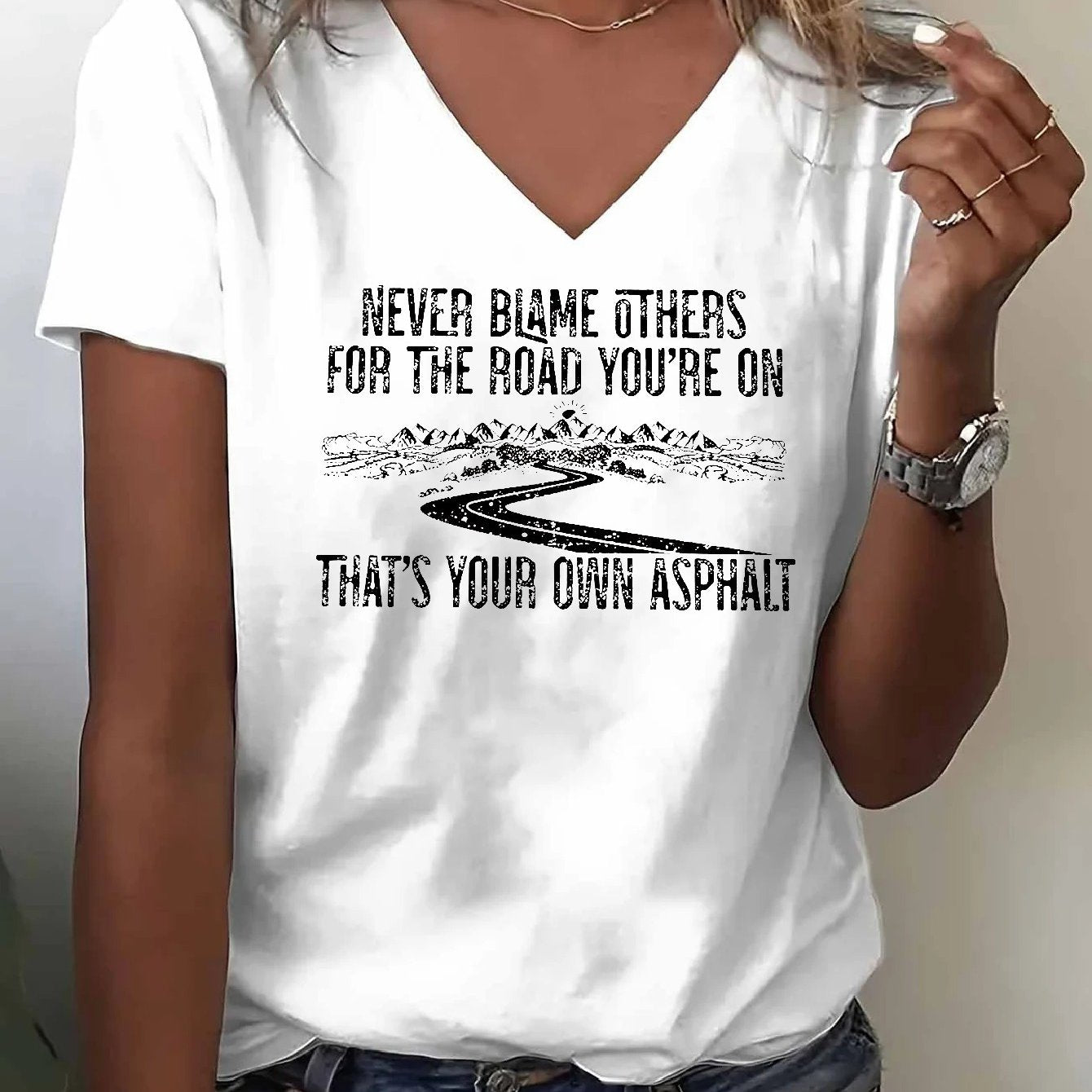 TEMU Women' V-neck T-shirt With "never " Motivational Print - Casual Short Sleeve Top, Standard Fit, Machine Washable, & Gifts For , Inspirational