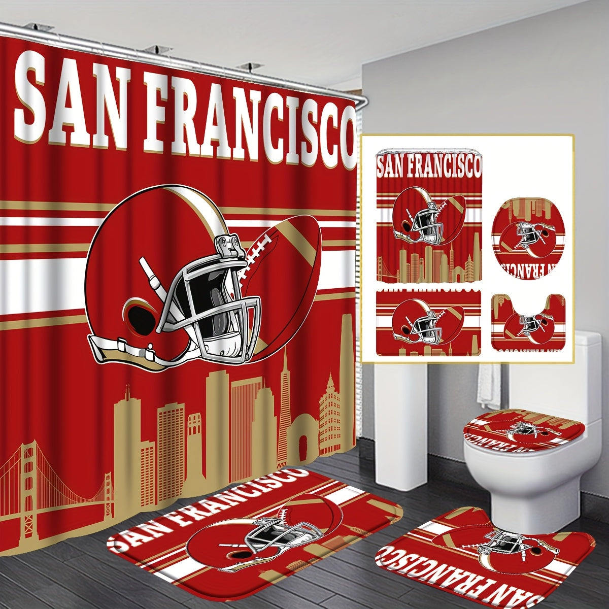 TEMU 4pcs Football Helmet Waterproof Shower Curtain Set, San Francisco Football Team Printed Bathroom Full Set With Non-slip Rug, 12 Hooks, Toilet