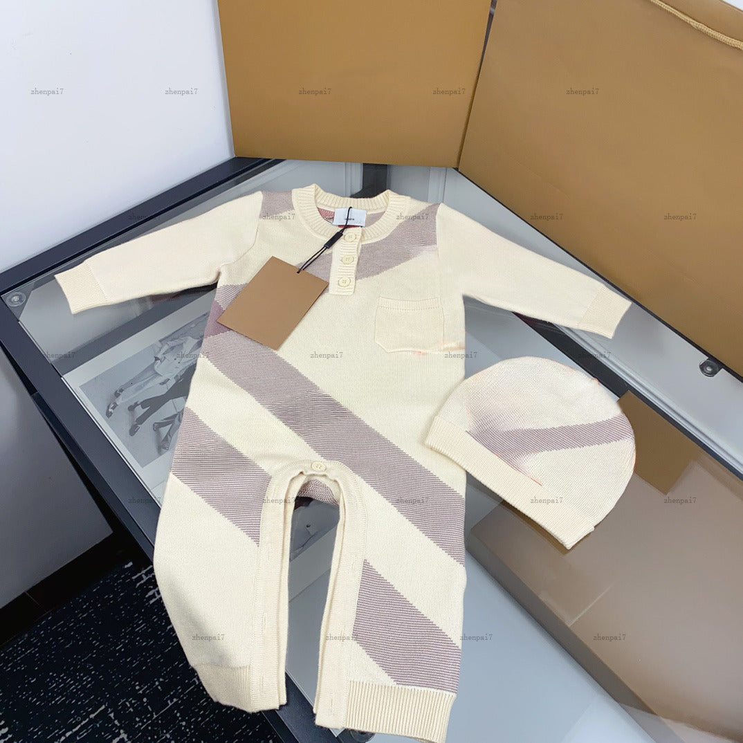 Top newborn jumpsuits toddler romper designer Baby clothing Striped jacquard fabric Knitted suit infant bodysuit And hat A378X11N097