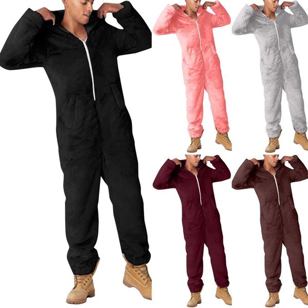 Winter Warm Cute Ears Sleepwear Men Loose Hooded Jumpsuit Casual Pajamas Solid Zipper Artificial Wool Long Sleeve solid PajamasXJ241227