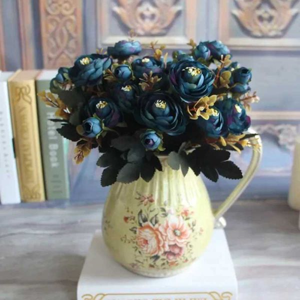 Blue Rose Artificial Flower Fake Peony Vivid Bouquet Peony 6 artificial plants Bridal Embroidery Used for Home Decoration Y250110