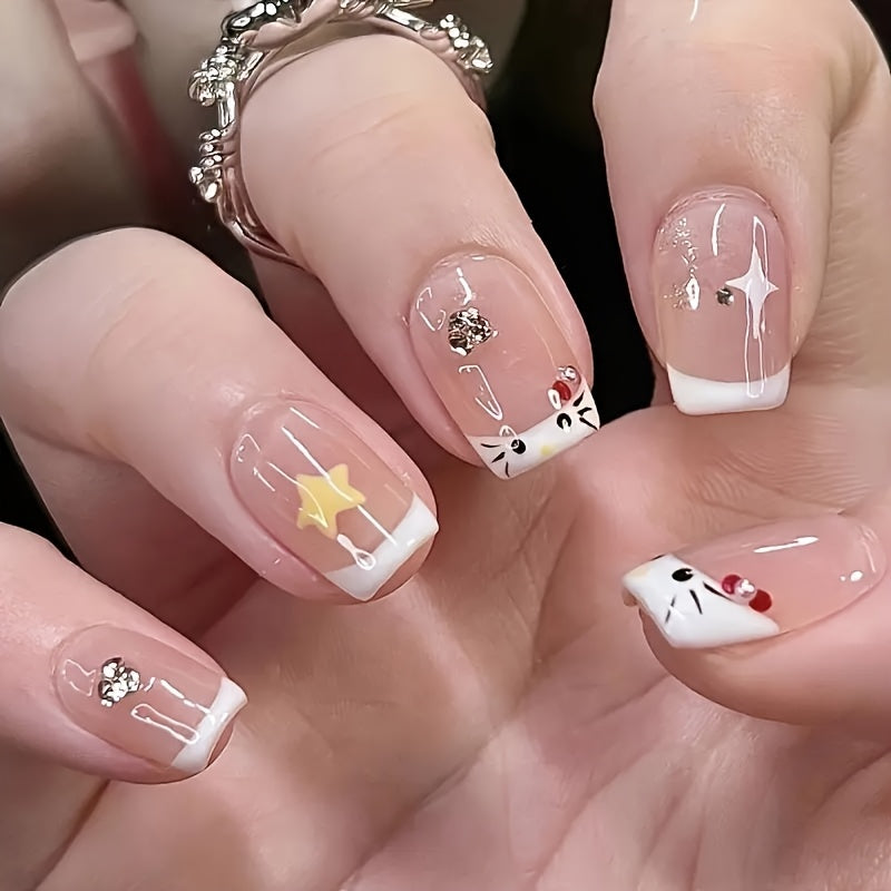 TEMU Set Of 24 For Hello Kitty Nude -on Nails Featuring Star-shaped Rhinestones, Designed In A Short Glossy Style. Cute Cartoon Nails Are Easy To