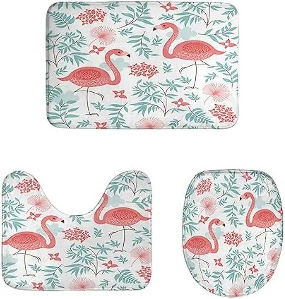 Pink flamingo bathroom carpet set 3-piece exotic bird flower tropical green leaf plant bath mat anti slip bathtub mat toilet mat M240829
