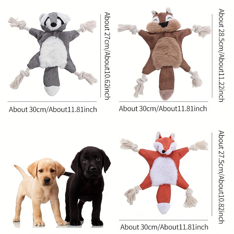 TEMU Squeaky Plush Dog Toys 3pcs | Chew Toys For Medium & Large Breeds | Raccoon, Fox, And Bear Shapes With Crinkle Paper | Interactive Play | Animal
