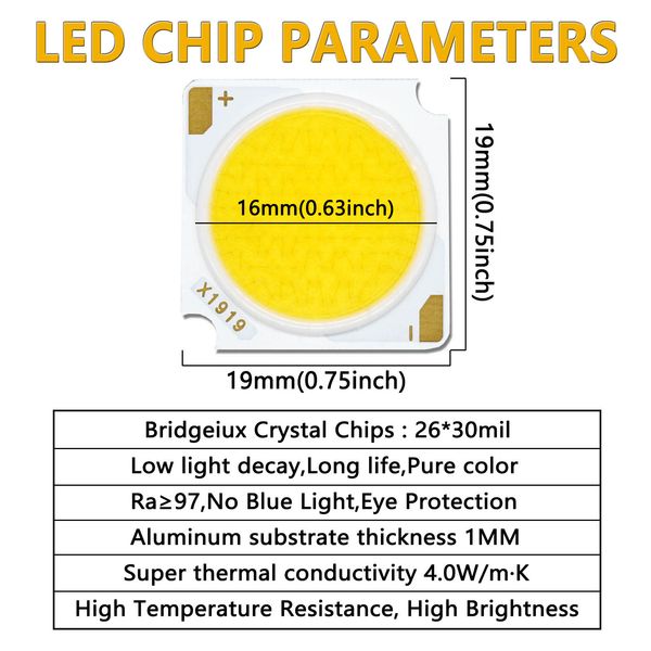 10pcs LED COB Bridgelux Chip 12W 18W 24W 30W 36W 42W 19 * 19mm DC36-39V LED RA97 Track Lamp Downlight Light Source Accessory