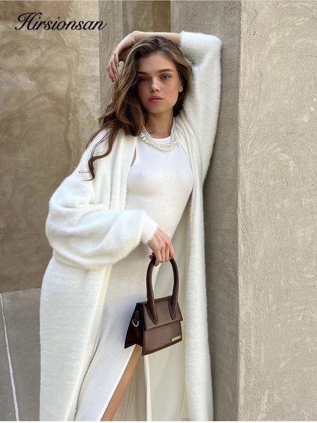 Hirsionsan 2024 Soft Knitted Set Women Autumn Winter Casual Long Sweater Cardigan with Belt Vest Midi Dresses Solid Tracksuit 250113