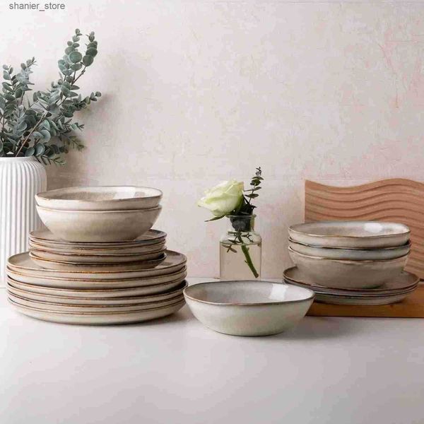 Dishes Plates Ceramic tableware set handmade reactive glass plate and bowl set high chip and crack resistant L240910