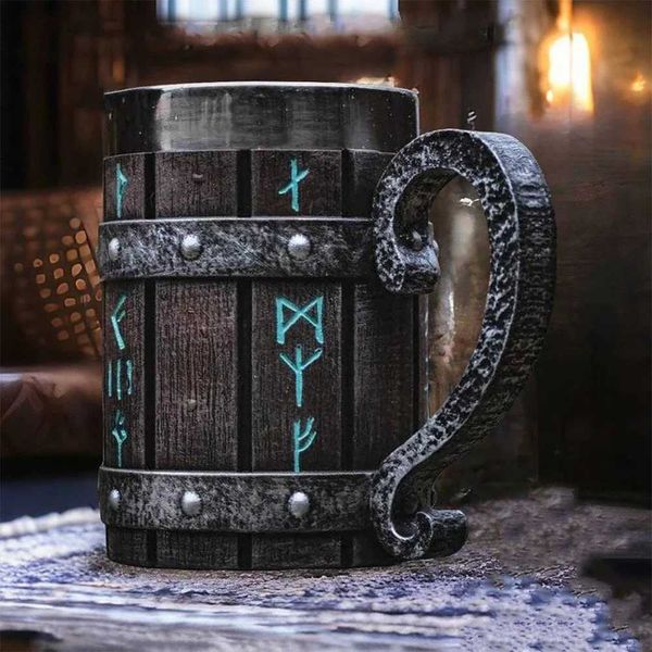 Viking Vintage Oak Barrel Beer Mug Stein with Stainless Steel Liner Coffee Cup Tea Mug Large Capacity Mug Pub Bar Party GiftM240803