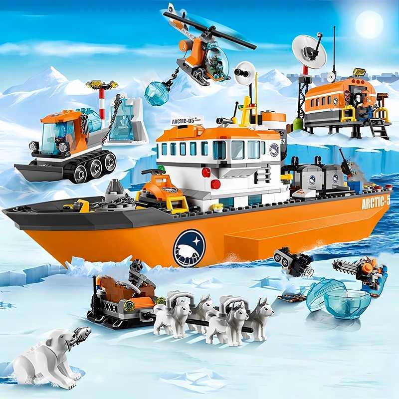 760PCS Building Block City Series Arctic Icebreaker Polar Adventure Base Ship Sled Boy Assembled Childrens Toy Gift X241228