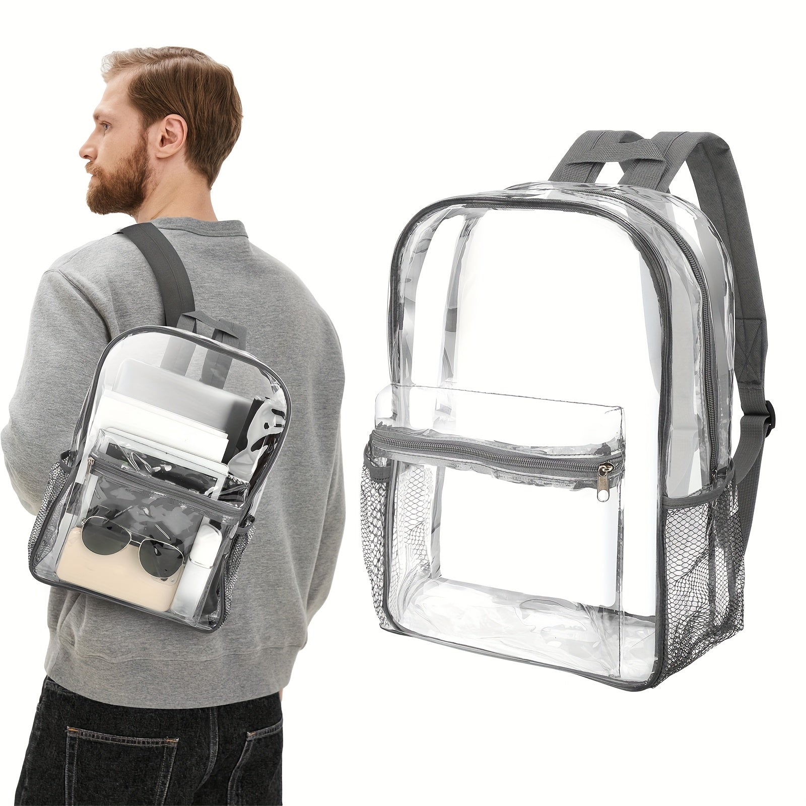 TEMU Stadium Approved Pvc Transparent Backpack, Large Capacity Clear Bag With Adjustable Straps & Multiple Compartments, Heavy-duty For Commuting,