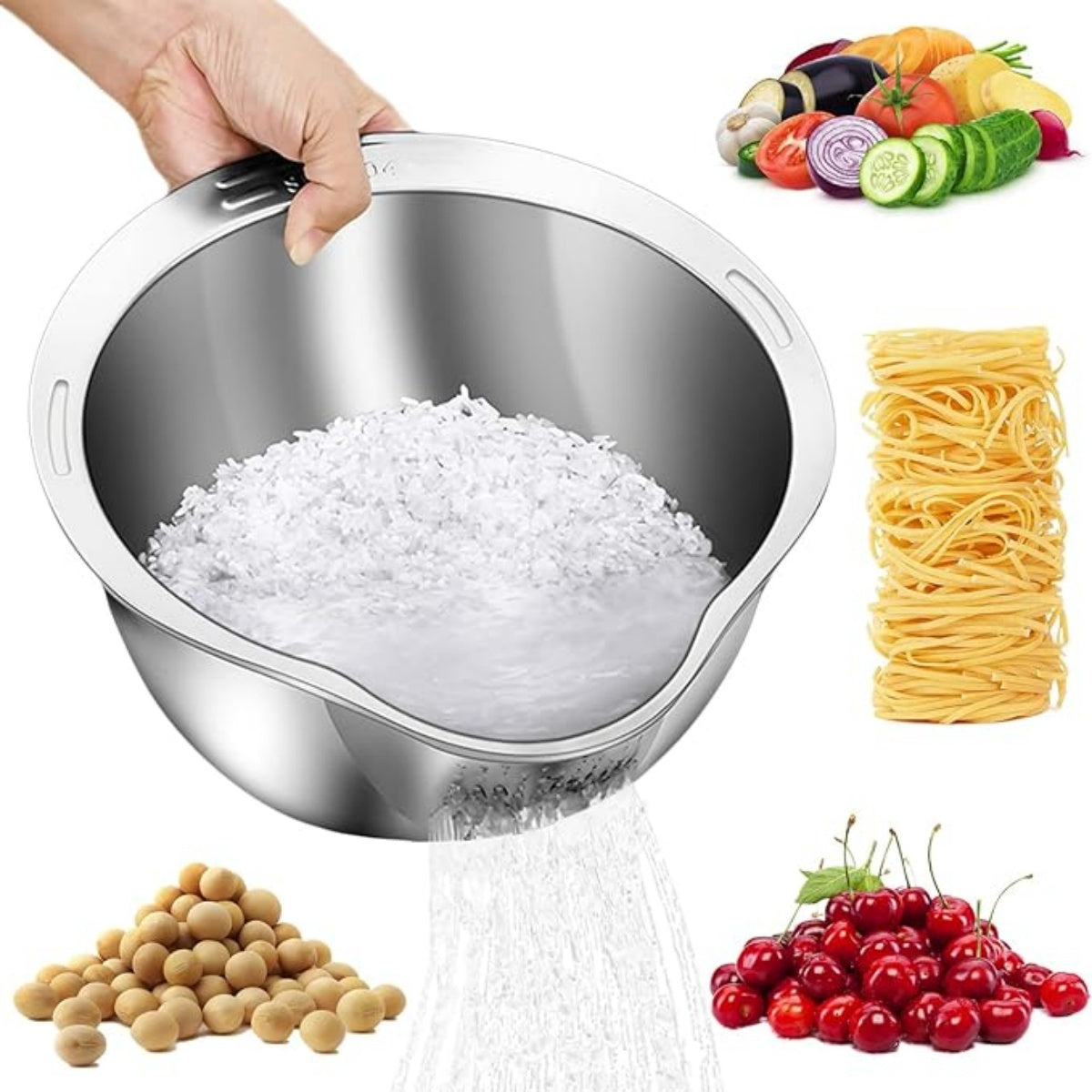 TEMU Rice Washer Strainer Bowl - Washing Bowl For , Stainless Steel Rinser With Side Drainers Small Colander For Cleaning Fruits, Vegetables, And