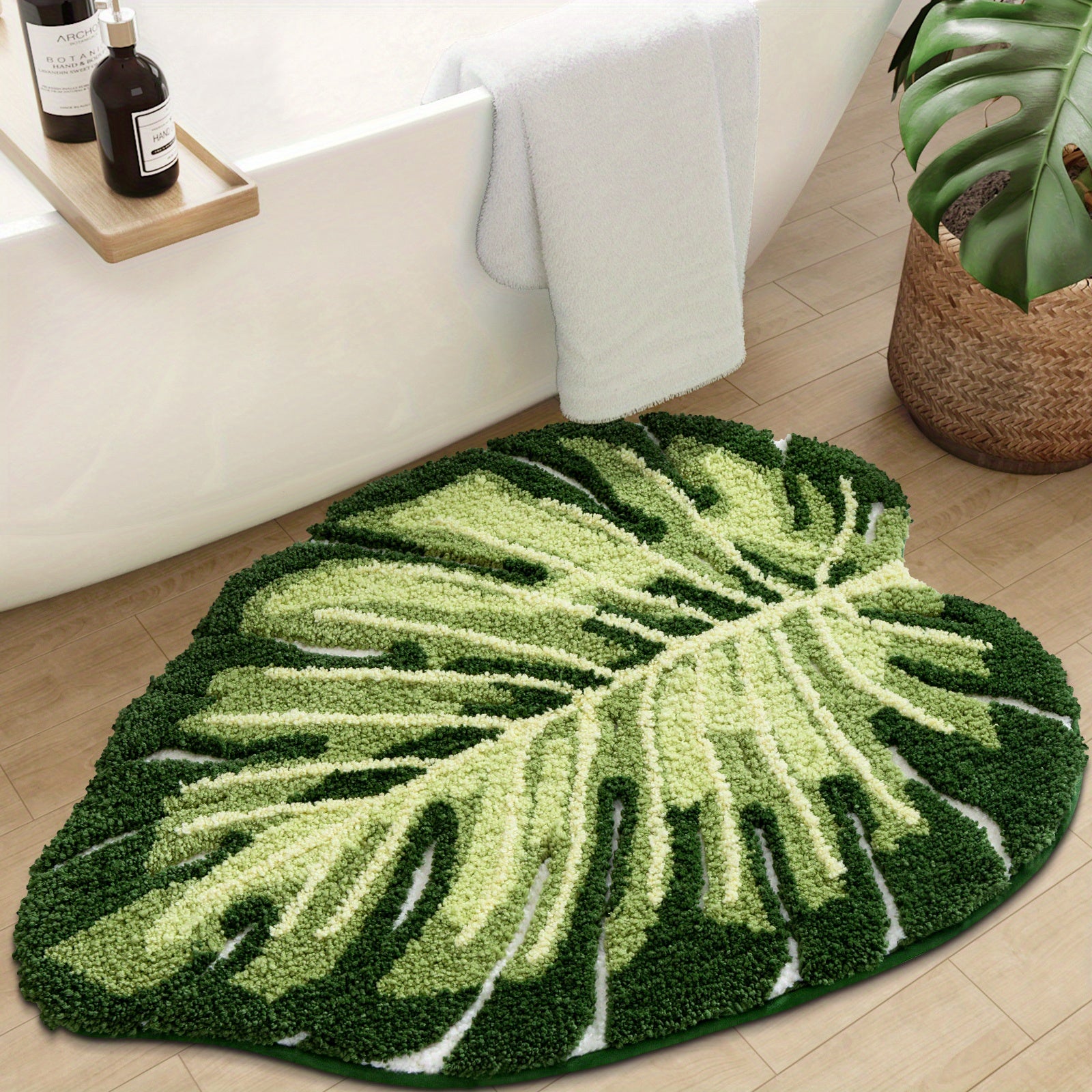 TEMU Fashionable Leaf Bathroom Mats, Thick Plush Floor Mats, Anti-slip And Machine-washable Bathroom Carpets, Water-absorbent, Suitable For Showers,