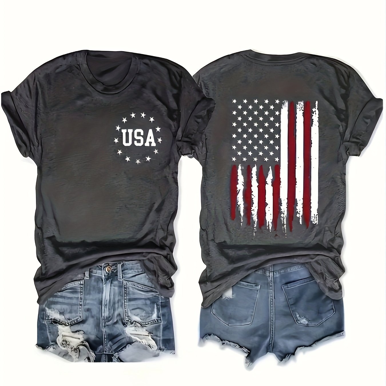 TEMU Women's Fashionable Usa Flag Element Printed Short Sleeve T-shirt