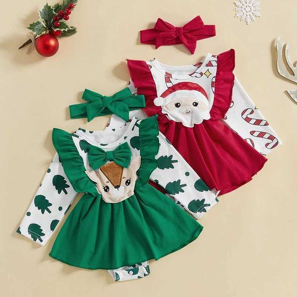 0-18M Christmas Newborn Baby Girl Romper Deer Santa Jumpsuit Headband Xmas Costumes OutfitsT250113