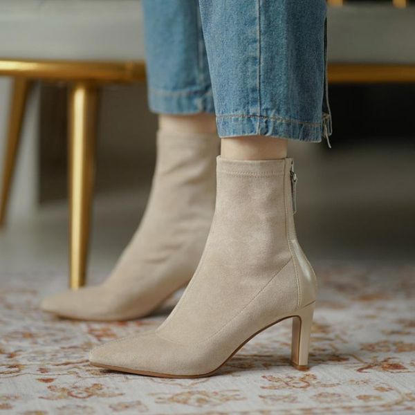 High Women Autumn Pointed Suede Ankle Boots Lady Stripper Winter Block Clear Heels Short Booties Apricot Black Prom Shoes 589e